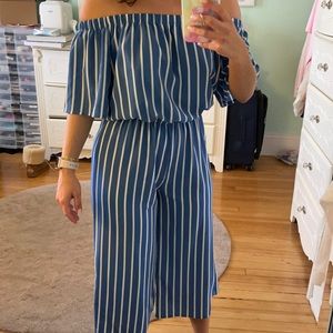 Off the shoulder blue & white stripe jumpsuit